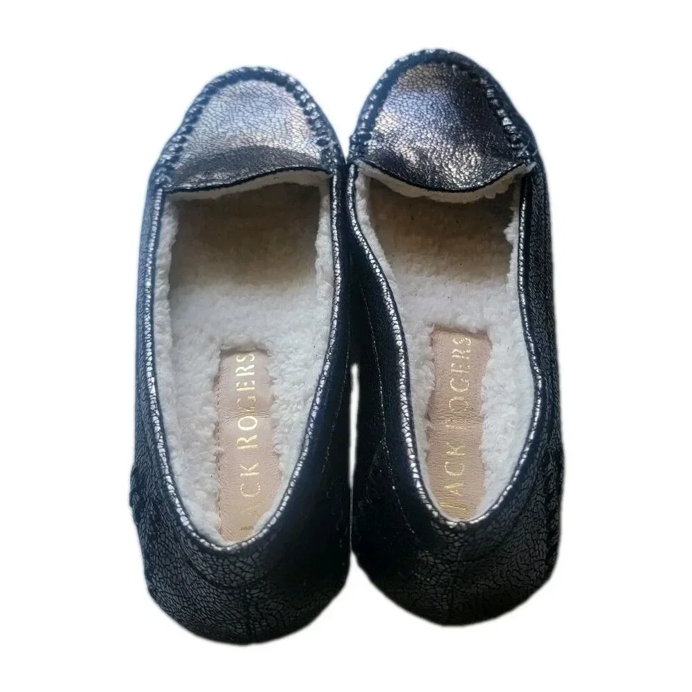 Jack rogers Millie sherpa lined leather moccasins sz 7.5 dark gry metallic